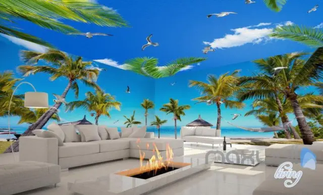 3D Fiji Island Beach Palm Tree Entire Living Room Wallpaper Wall Mural Art Decor