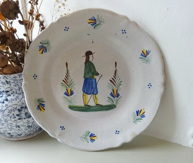 Antique French faience plate, tin glazed polychrome Quimper signed HR J. Henriot