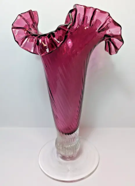 Vintage MURANO Italian Cranberry Glass Double Crimped Blown Glass w/ Ruffled Rim