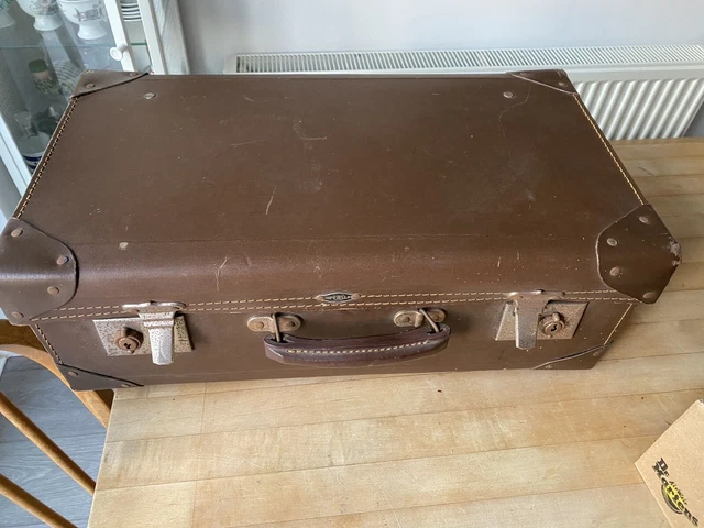 VINTAGE BROWN LEATHER Look Box Suitcase £14.00 - PicClick UK