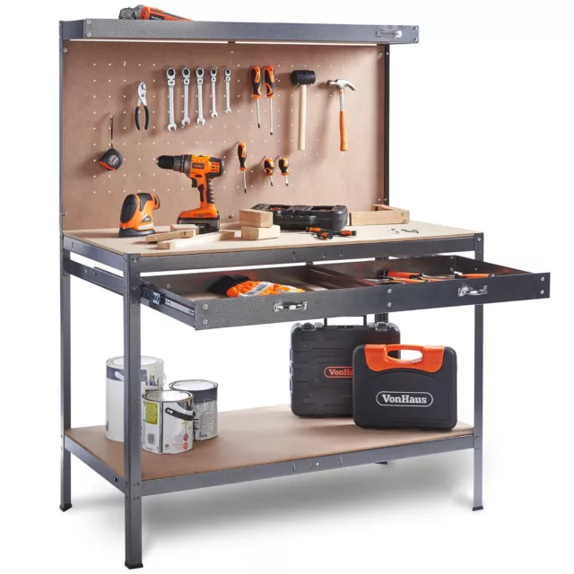 Garage Work Bench with Pegboard - Metal and Wooden Workbenches - VonHaus