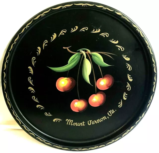 Vintage Souvenir Metal Tray Black With Red Cherries For Mt. Vernon Virginia 11”