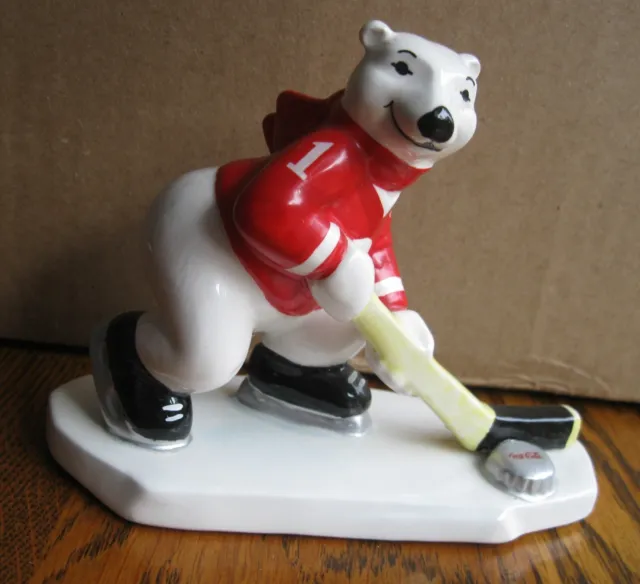 Vintage 1995 Coca Cola Ceramic Polar Bear Figurine Always Playing Hockey Enesco