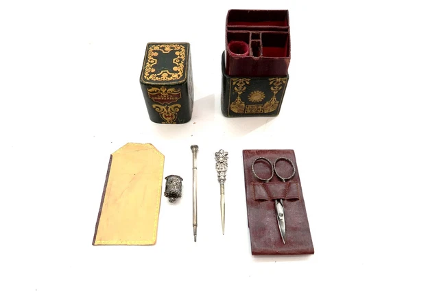 Antique LADY'S COMPANION ETUI SEWING KIT in Fitted Leather Zippered Case / Boker
