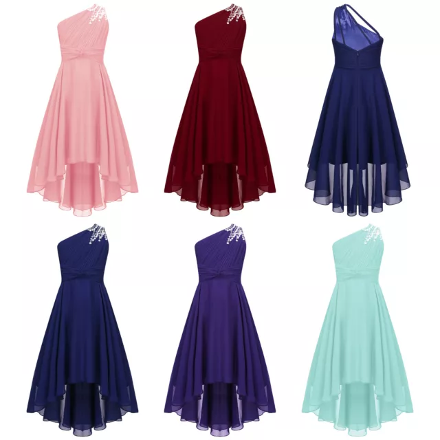 Girls One Shoulder High Low Chiffon Dress Kids Wedding Prom Party Flower Dresses