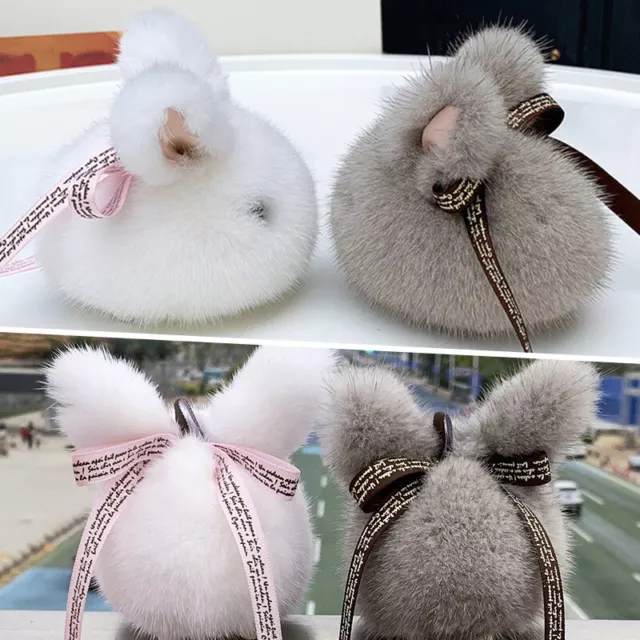 Cute Mink Fur Rabbit Key Chain Soft Bunny Doll Handbag Pendent Car Keyring Grey