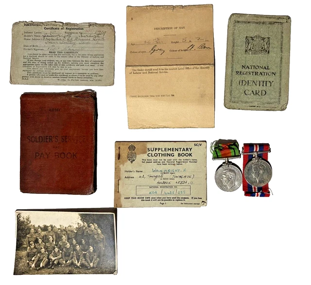 WW2 BRITISH ARMY MEDAL GROUP + SERVICE BOOK ,PHOTO, NAT REG CARD ...