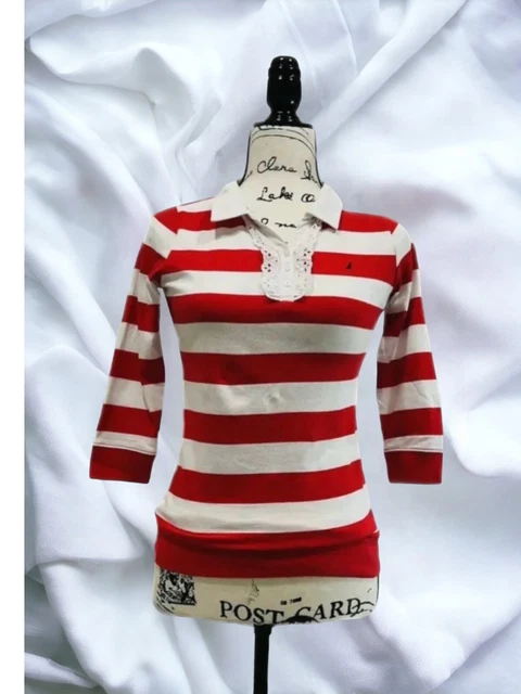 NAUTICA T-Shirt Big Kids Red Stripes Polo Neck Long Sleeves Ruffles Size L