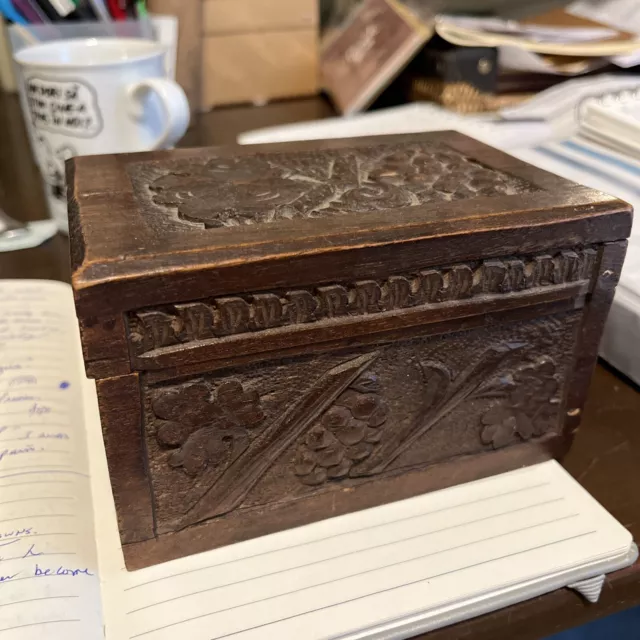 Vintage Romanian Hand Carved Wooden Box With Hinged Lid. Grapevine Beautiful