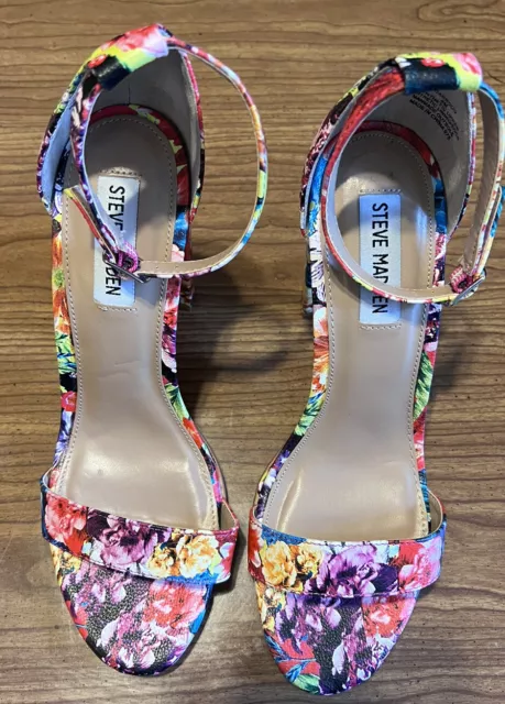 Steve Madden Carrson Pink  Floral Sandals Ankle Strap Open Toe Block Heels 8M