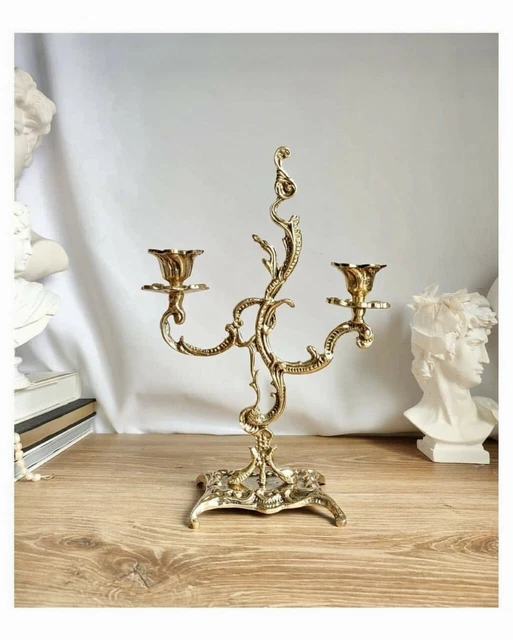 Great Vintage Candelabra Ornate Pair Candlestick Brass Solid Hand Made Italy