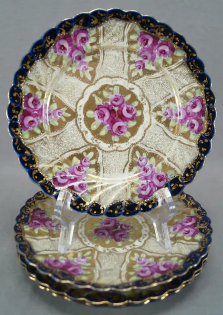 Set of 4 Nippon Hand Painted Pink Rose Cobalt & Gold Beaded 7 1/2 Inch Plates