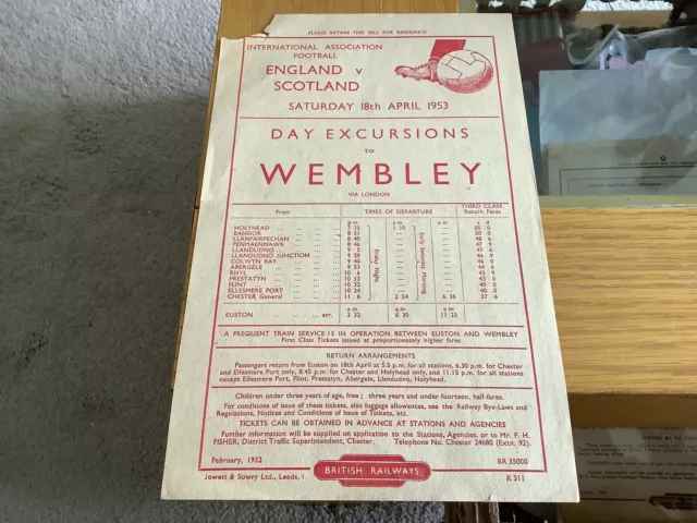 Rail Handbill to England v Scotland 1953 at Wembley x Holyhead,Bangor,Rhyl etc.