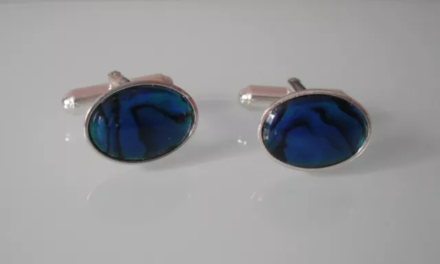 Brand New 925 Sterling Silver & Blue Abalone Shell Cabochon Oval Cufflinks