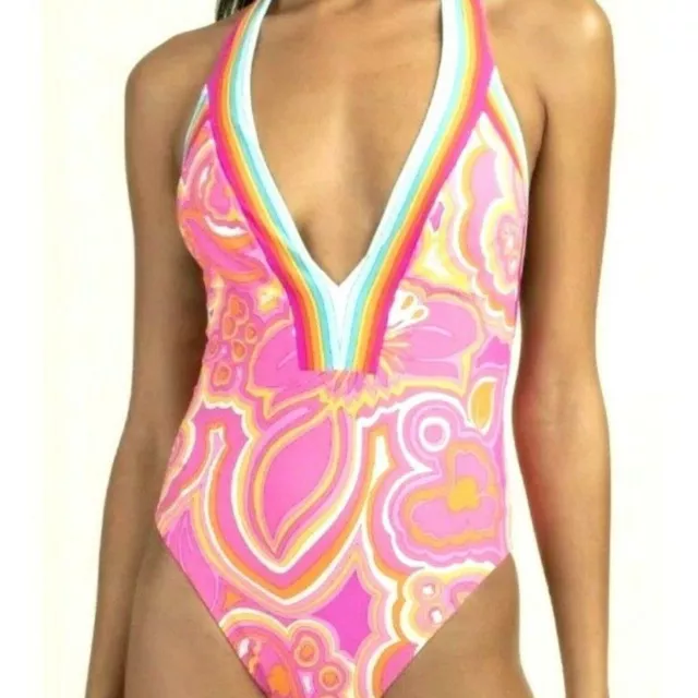 Trina Turk V-Plunge Pink 25th Anniversary One Piece Swimsuit Womens Size 16W NEW