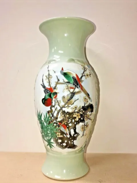 Antique/ Vintage Chinese Celadon-Glazed Enameled Porcelain Vase, Height 14 1/2”