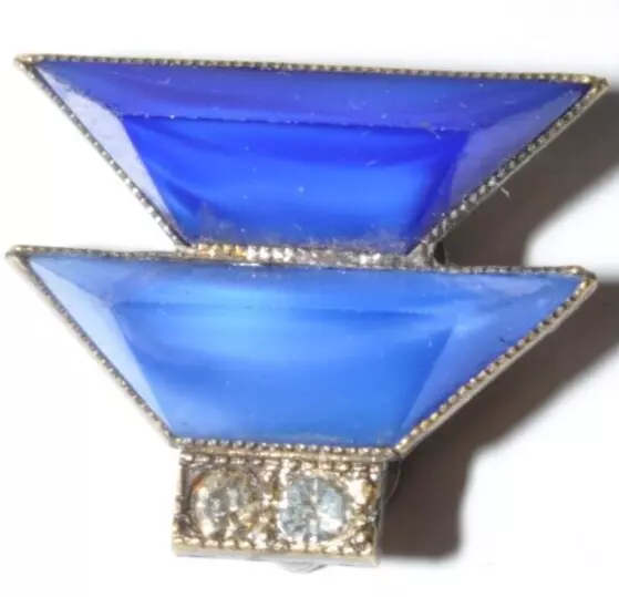 Geometric Vintage Art Deco Signed Ges Gesch Blue Glass Rhinestone Dress Clip