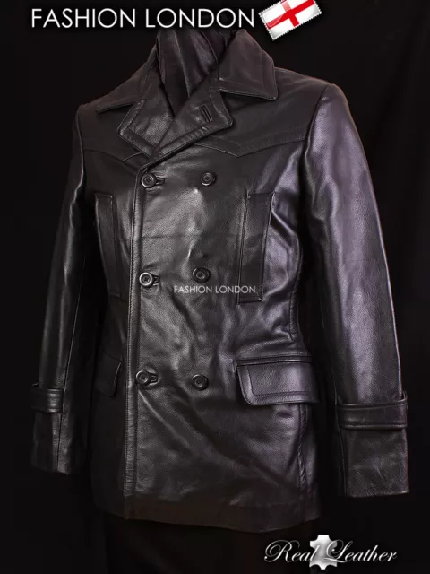 KRIEGSMARINE Men's German Pea Coat Submarine Cowhide Leather Jacket Coat Black