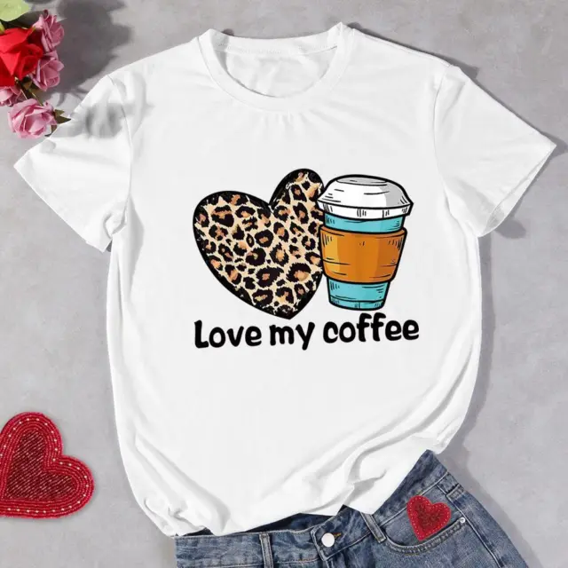 Leopard Love Coffee Print T-Shirt Valentines Day Women Fashion Summer Tees Tops