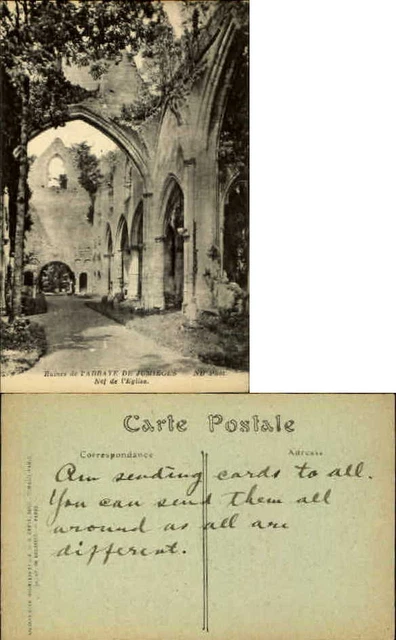 Ruines de Abbaye de Jumieges France Nef de l'Eglise ~ vintage postcard