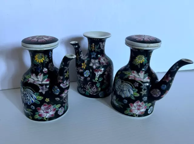 3 X Chinese Porcelain Famille Rose  Wine Pots Millefleur On Black Ground