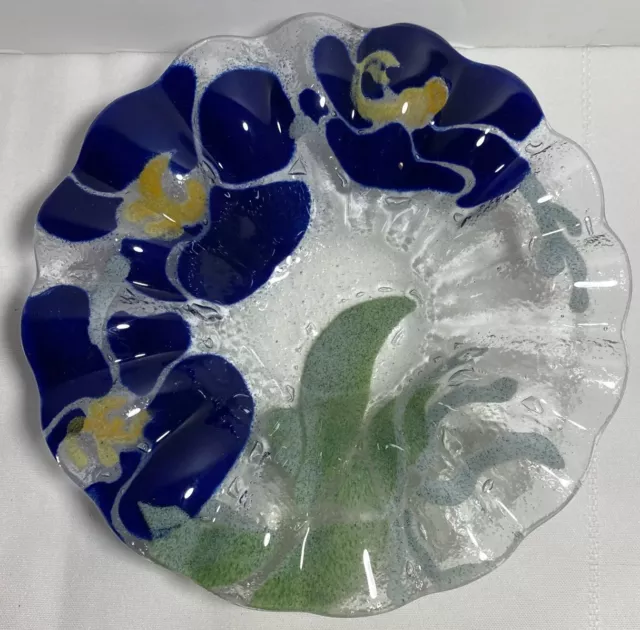 Sydenstricker Ruffled Edge Fused Glass Bowl Blue Iris Floral Design-6.5" Signed