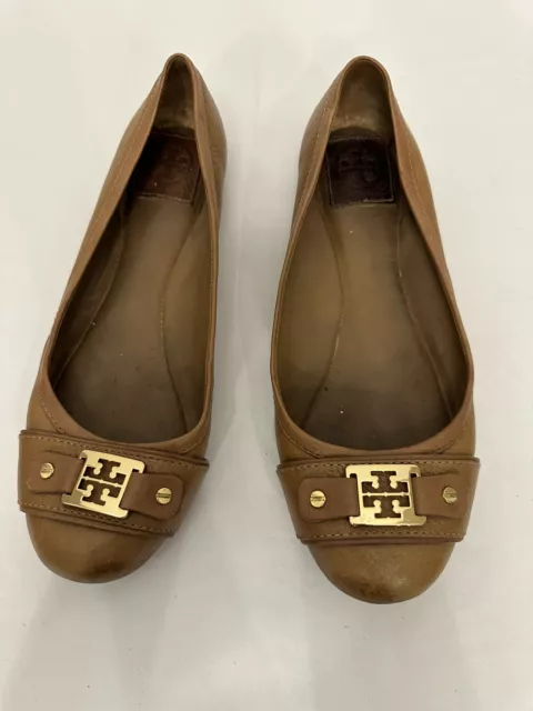 Tory Burch Brown Leather Flats Gold Logo Women Size 8.5