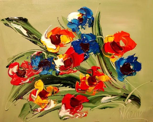 FLOWERS RED BLUE by Mark Kazav  Abstract Modern CANVAS Original Oil Painting NER