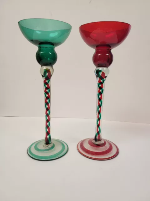 Handblown Polish Crystal Art Glass Candle Stick Holders Red And Green