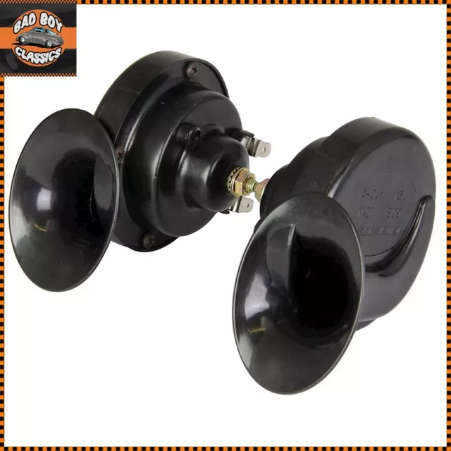 Pair 12v Twin Black Snail Horns High / Low Tone Universal Classic Car Motorcycle