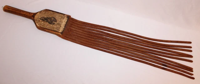 UNUSUAL ANTIQUE 1900's PRIMITIVE WOOD & LEATHER SUIT CLEANER-BEATER WHIP-FLOG
