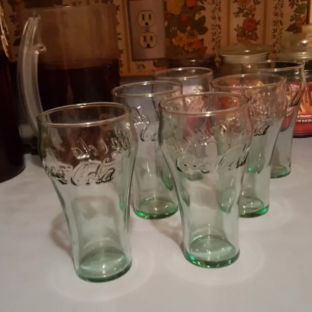Lot of 6 Green Embossed Bell Shaped Smooth IG Coca Cola Glasses Coke Tumbler