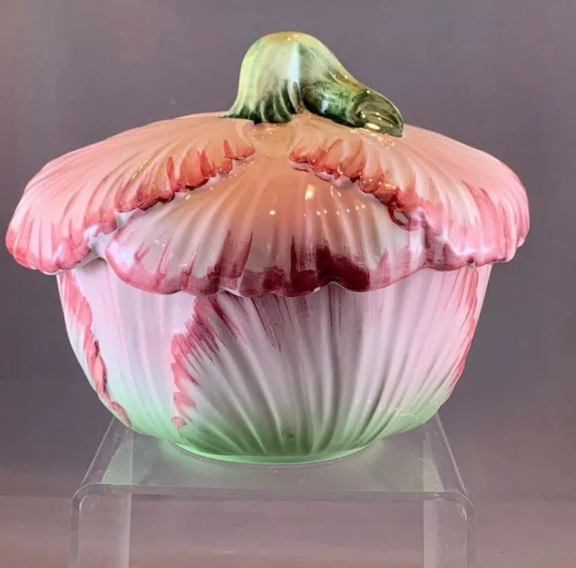 Vintage Italian Majolica Art Pottery Scalloped Pink & Green Covered Bowl, 6”