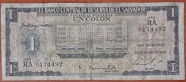 El Salvador 1 Colon With Bcr Building Design 25-Jan-66 Serie Ra (Egiptian God)