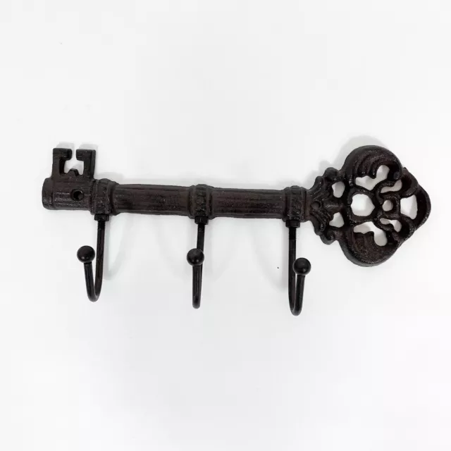 Wall Mounted Skeleton Key Holder Three Hooks Cast Iron Black/Bronze