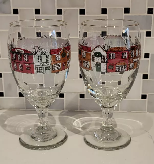 LIBBEY Glasses Goblets Winter Scene Christmas Village Vtg Vintage Set 2