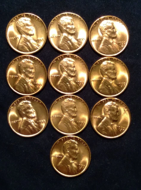 1955 S Lincoln Wheat Penny Cent Uncirculated MS BU UNC ~10 RED CHOICE GEMS~