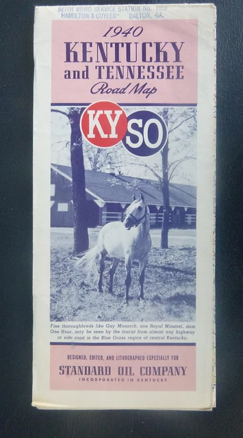 1940 Kentucky Tennessee  road map  KYSO gas horse Gay Monarch cover pictorial