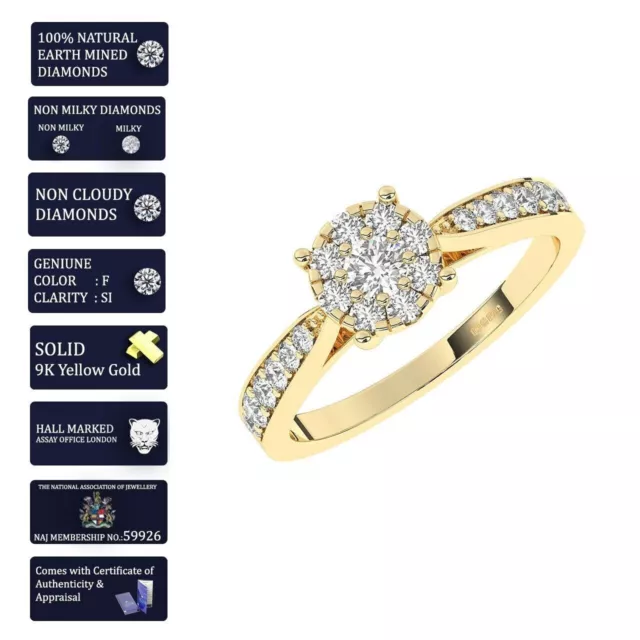 9K Yellow Gold, 0.50CT 100% Natural Round Diamond Half Eternity Solitaire Ring 2