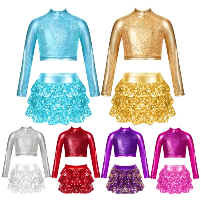 Costume da ballo con arricciature per bambine con gonna a più livelli scintillante