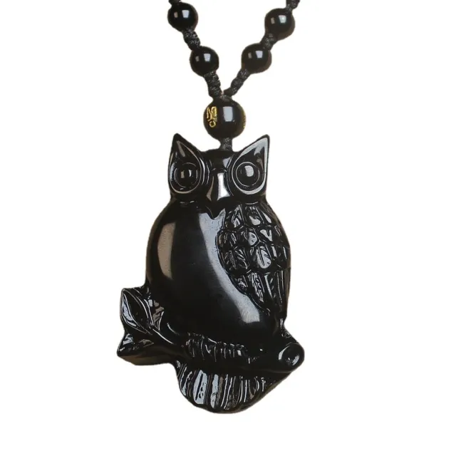 Crystal Natural black Obsidian owl Necklace pendant Bead with bead Chain