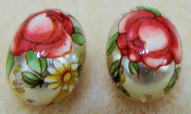 2 Japanese Tensha Beads RED ROSE on GOLD FOOTBALL Beads 16mm