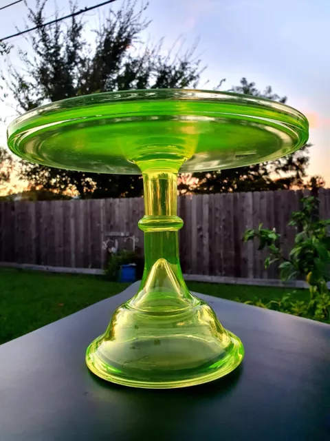 Vaseline Handcrafted large 10" wide Cake Plate/dessert /display Uranium Glass