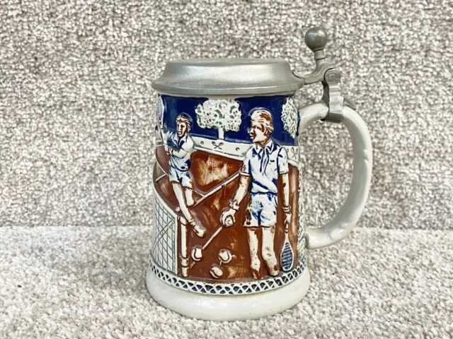 Vintage Ceramic Pottery Tankard Stein With Lid Tennis Players Design