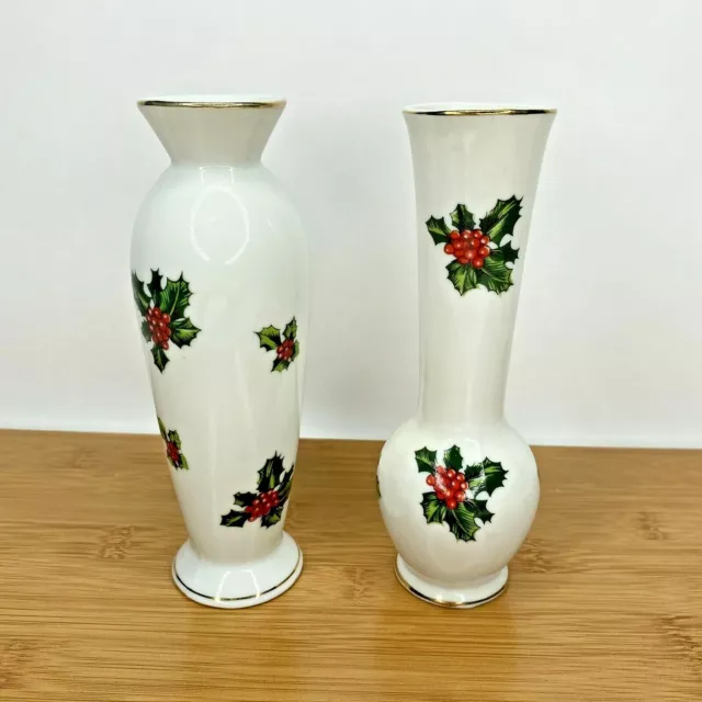 Lot of 2 Lefton China Vases Christmas Holly Berry White Hand Painted Japan 6.5"