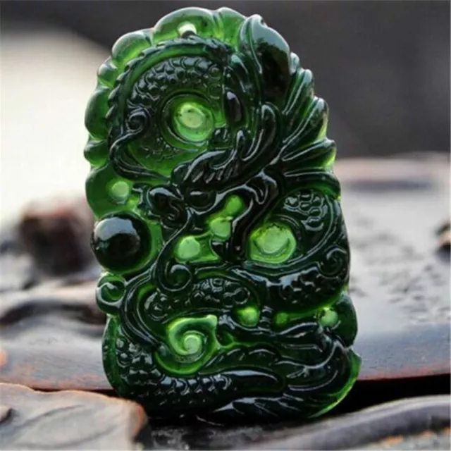Retro Chinese Natural Black Green Jade Pendant Dragon Good Lucky Amulet Gift