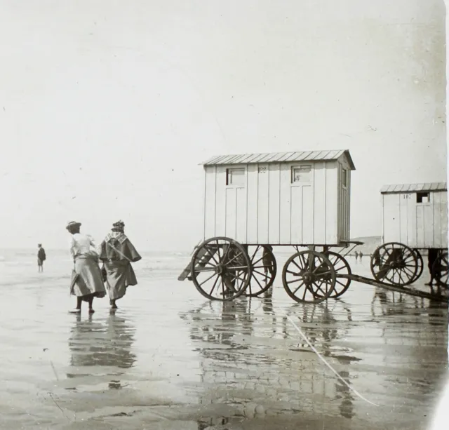Vintage France Photo Stereo Glass Plate Sea Bathing Cart c1900 