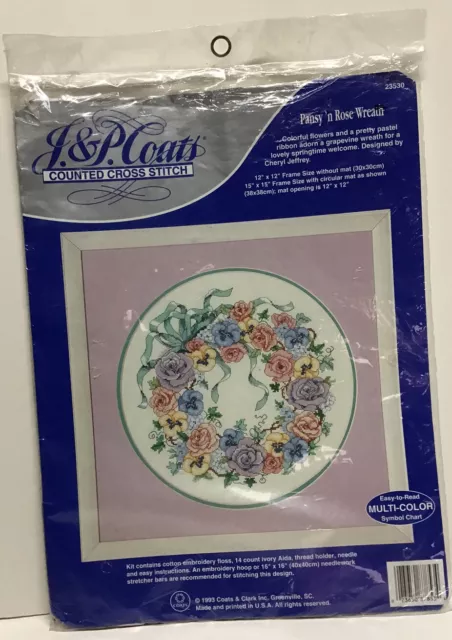 J & P Coats Pansy ‘ N Rose Wreath Counted Cross Stitch Vintage 1993