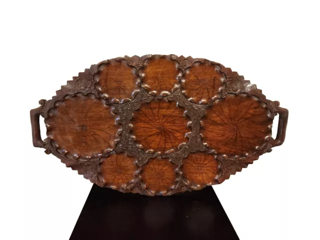 Indian Tea Wood Serving Tray ‐ Hand Carved Ornate Floral Design