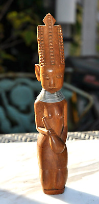 African Tribal Art Wooden Carved Sculpture Figurine Young Woman Neck Rings